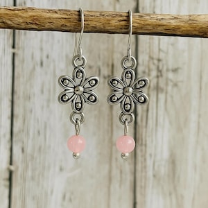 Pink Flower Dangle Earrings Boho Vintage Jewellery with Natural Stone Feminine Handmade Drop Earrings for Gift or Daily Wear