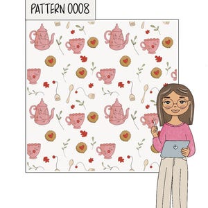 May include: A square graphic labeled PATTERN 0008 featuring a repeating print of pink teapots, pink teacups, brown cookies with red hearts, tea bags, and green sprigs on a white background, next to a cartoon character holding a tablet.