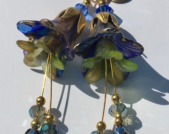 Blue and green with gold flower earrings with Swarovski crystals