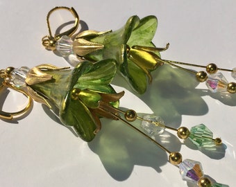 Green gold flower earrings with Swarovski crystals