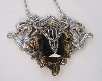 Silver Victorian Art Deco with Gargoyles and Black Onyx Necklace