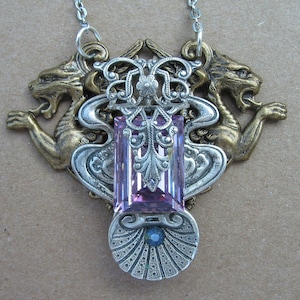 Brillant Pink Swarovski Crystal Necklace Victorian Steampunk Brass and Silver long chain