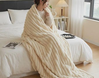 Faux Fur Throw Blanket, Textured Soft Fluffy Bed Blanket, Modern Living Room Throw, Aesthetic Cream or Grey Blanket, Cozy Home Decor Gift
