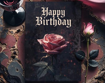 Rosa Cor-de-Rosa – Cartão de Aniversário para Imprimir (4x6 e 5x7) | Download Digital Instantâneo | Série Floral Gótica