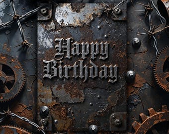 Desejos de Ferro – Cartão de Aniversário para Imprimir (4x6 e 5x7) | Download Digital Instantâneo | Série Gótica Industrial