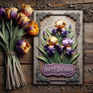 Może przedstawiać: Kartka urodzinowa z kwiatowym wzorem i bukietem tulipanów. Karta posiada fioletowy baner z napisem "Happy Birthday". Irysy są fioletowe i żółte, a tulipany fioletowe i pomarańczowe.