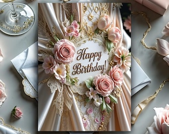 May include: A rectangular birthday card featuring the text Happy Birthday in elegant gold script, surrounded by a wreath of soft pink roses and intricate cream-colored lace accents, set against a background of draped, shimmering champagne-colored fabric.