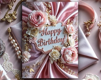 May include: A rectangular greeting card featuring the text Happy Birthday in elegant script, centered on a white plaque. The card is adorned with soft pink satin fabric, intricate white lace, clusters of pink and cream roses, and gold accents.