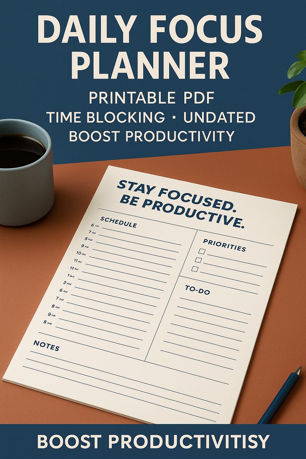Daily Focus Planner Printable | Minimalist To-Do List, Schedule, Priorities | PDF for Time Blocking & Productivity