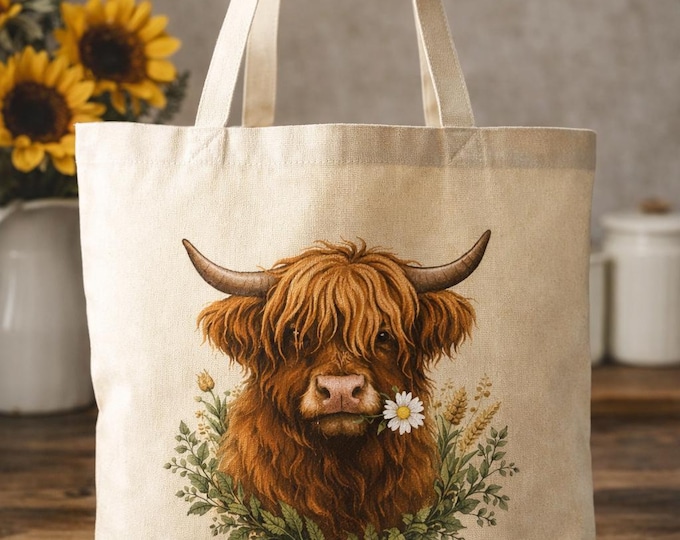 Highland Cow Tote Bag • Farmhouse Market Bag • Cow Lover Gift • Rustic Farm Life Canvas Tote