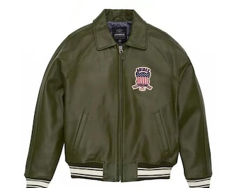 Men's Avirex Green Cowhide Leather Bomber Jacket | Classic American Flight Icon Style | TrendTribeStorePK