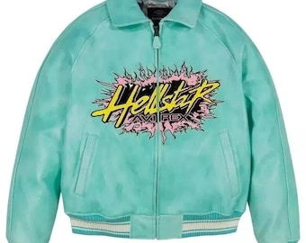 Men's Blue Cowhide Leather Bomber Jacket: Biker Style