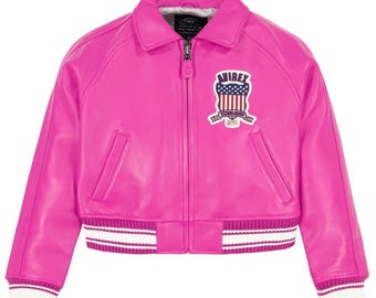 Women's Avirex Pink Cowhide Leather Bomber Jacket | Cropped Varsity Flight Style by TrendTribeStorePK