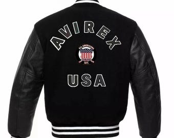 Zwart varsity-bomberjack heren | Jas van wol en rundleer in Amerikaanse streetwearstijl van TrendTribeStorePK