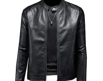 Zwart rundleer herenjack | Slim-fit jas met opstaande kraag | Motorstijl van TrendTribeStorePK