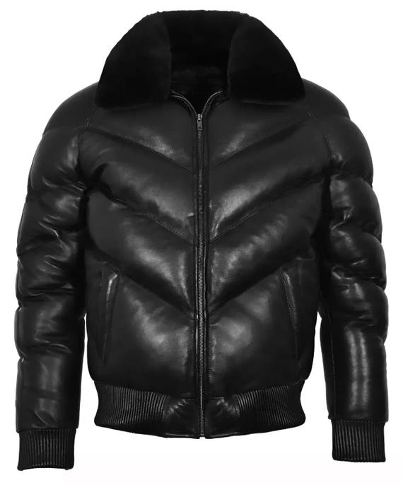 Men's Black Sheepskin Leather Puffer Jacket Warm Ace Style