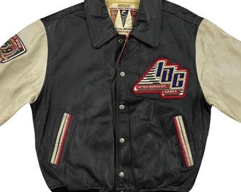 Men's Black Cowhide Leather Varsity Bomber Jacket: Interborough Games Style