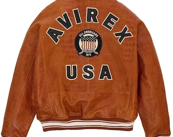Bruin leren Avirex-bomberjack met krokodillenleer voor heren – Cafe Racer-motorjack van Trendtribestorepk