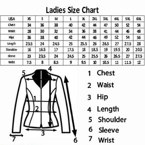 May include: A size chart for women's clothing, with measurements in inches. The chart includes chest, waist, hips, length, shoulder, sleeve, and wrist measurements, along with a diagram of a jacket indicating where to measure.