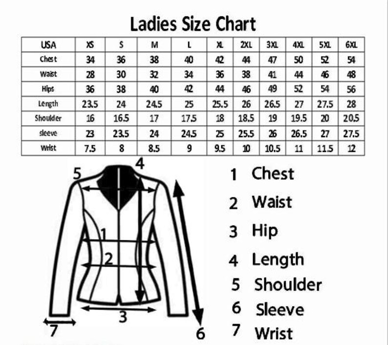 May include: A size chart for women's clothing, with measurements in inches. The chart includes chest, waist, hips, length, shoulder, sleeve, and wrist measurements, along with a diagram of a jacket indicating where to measure.
