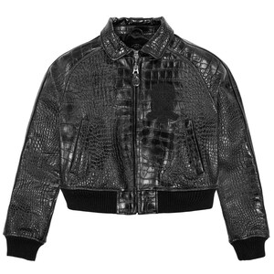 May include: Black leather bomber jacket with a crocodile skin texture. The jacket features a collared neckline, a front zipper, and a black ribbed hem and cuffs. A black emblem is on the left chest.