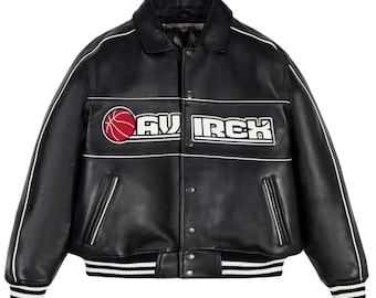 Chaqueta bomber Avirex de piel de vacuno negra para hombre, estilo básquetbol universitario, de TrendTribeStorePK