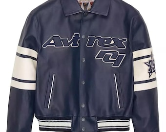Chaqueta bomber Avirex de piel de vaca azul para hombre / Estilo clásico americano de TrendTribeStorePK