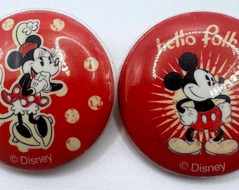 Disney Vintage Red Minnie and Mickey Mouse Button Badges Set 1980s Collectible