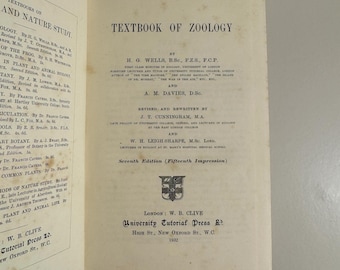 Libro de texto de zoología de 1932 - H.G. Wells y A.M. Davies - Libro de ciencias en tela color canela - 7.ª edición - Decoración vintage de biología médica
