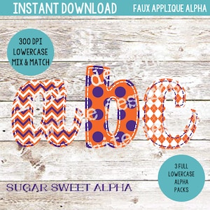 May include: Three lowercase letters, a, b, and c, in orange and purple with different patterns. The letters are on a woodgrain background. The text "300 DPI LOWERCASE MIX & MATCH" is at the top of the image. The text "SUGAR SWEET ALPHA" is at the bottom of the image. The text "3 FULL LOWERCASE ALPHA PACKS" is in a circle at the bottom right of the image.