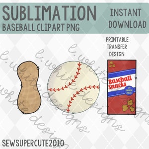 Könnte beinhalten: Ein Sublimationsdesign mit einem Baseball, einer Erdnuss und einer Schachtel Baseball-Snacks. Die Schachtel ist rot mit blauer und weißer Schrift, auf der "Baseball Snacks" und "Toy Surprise Inside" steht.