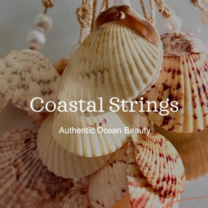 May include: A decorative hanging ornament featuring multiple fan-shaped seashells in shades of cream, tan, and brown, interspersed with white spherical beads on natural fiber strings. The text Coastal Strings and Authentic Ocean Beauty is visible.
