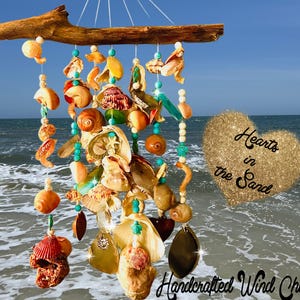 Campana de viento de concha marina de piedra de ágata: madera flotante, campanas de corazón, decoración costera
