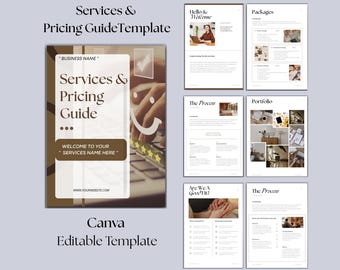 Plantilla de guía de servicios y precios / Paquete de bienvenida para nuevos clientes / Propuesta para clientes / Lista de precios / Guía de procesos y paquetes / Canva