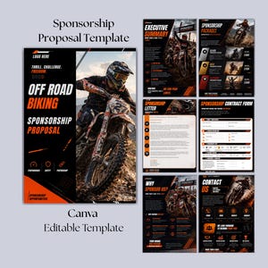 May include: A digital sponsorship proposal template for off-road biking featuring a black and orange color scheme. The document includes sections for an executive summary, sponsorship packages, a letter, a contract form, and contact information.