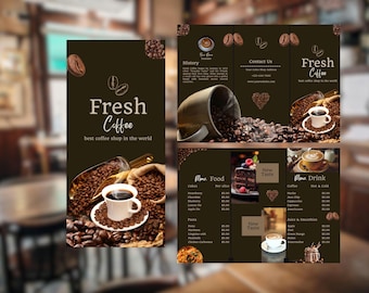 Plantilla de menú tríptico para cafetería: Menú de cafetería o restaurante / Diseño editable en Canva (folleto imprimible A4)