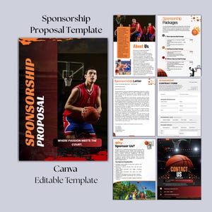 May include: A digital sponsorship proposal template for basketball featuring a cover page with a player holding a ball, plus interior pages for packages, an about us section, a sponsorship letter, a contract form, a why sponsor us page, and contact info.