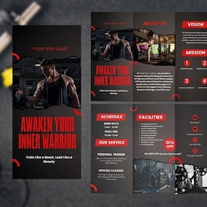 Può includere: Un volantino fitness nero e rosso a tre ante con il testo "Awaken Your Inner Warrior". Il volantino include immagini di persone che si allenano, un programma e un elenco di strutture. Il volantino ha anche il testo "Your Gym Name".