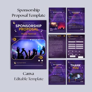 Puede incluir: Una plantilla de propuesta de patrocinio morada y dorada para un festival de música. La plantilla incluye secciones para la introducción, paquetes de patrocinio, una carta de patrocinio y un formulario de contrato. El texto "Propuesta de patrocinio" es prominente.