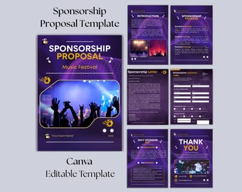 Plantilla de propuesta de patrocinio musical / Paquete de patrocinio de eventos / Recaudación de fondos para festivales, conciertos y artistas / Nivel, formulario y carta de patrocinio / Canva