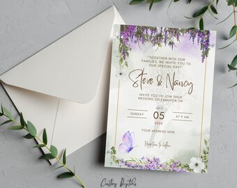 Plantilla elegante para invitación de boda / Invitación floral de lujo / Invitación de boda minimalista y moderna / Invitación de boda imprimible y editable / Canva