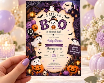 A Little Boo Baby Shower Invitation, Halloween Baby Shower Invite, Editable Canva Template, Printable Digital Download