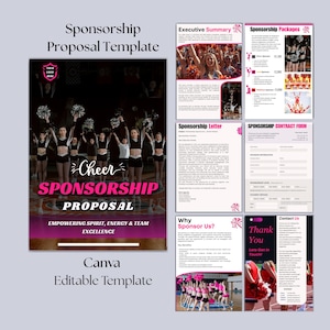 Peut inclure: Modèle de proposition de parrainage de cheerleading. La conception présente une équipe de cheerleading, avec le texte "Cheer Sponsorship Proposal" et "Empowering Spirit, Energy & Team Excellence". Le modèle est modifiable dans Canva.