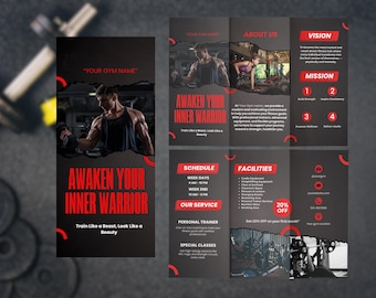 Plantilla de folleto tríptico para gimnasio: Diseño editable en Canva (A4, descarga digital)