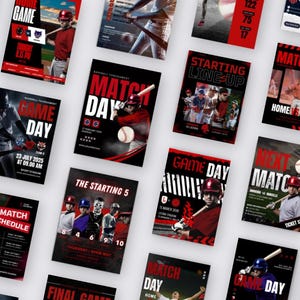 May include: A collection of rectangular baseball tournament flyers featuring bold red and black typography, action photography of players with bats and balls, and event details including dates, times, and stadium locations for various game days.