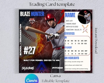 Plantilla de tarjeta coleccionable de jugador de béisbol / Tarjeta coleccionable de béisbol de doble cara / Tarjetas deportivas para personalizar (anverso y reverso) / Editable en Canva