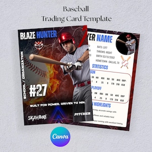May include: Baseball trading card template featuring a baseball player with a bat, a baseball, and flames. The card includes player statistics, the text "BLAZE HUNTER", and the number "#27". The Canva logo is visible.