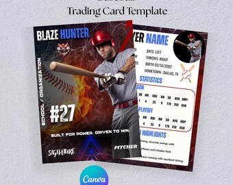 Baseball Player trading Card Template | Double-Sided baseball trading Card | DIY trading Card Front & Back Sports Cards | Canva Editable