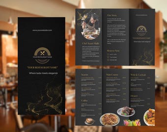 Plantilla de tríptico para menú de restaurante: folleto de comida editable (Canva, tamaño A4/Carta EE. UU.)