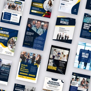 May include: A collection of business flyers and brochures featuring dark blue, white, and yellow color schemes. The documents display various corporate themes including hiring notices, business workshops, and service advertisements with professional photography.